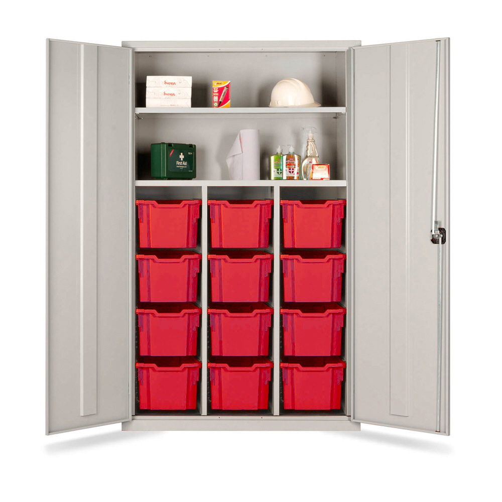 Combi Storage Cupboard 12 Extra Deep Red Trays Grey Cabinet And