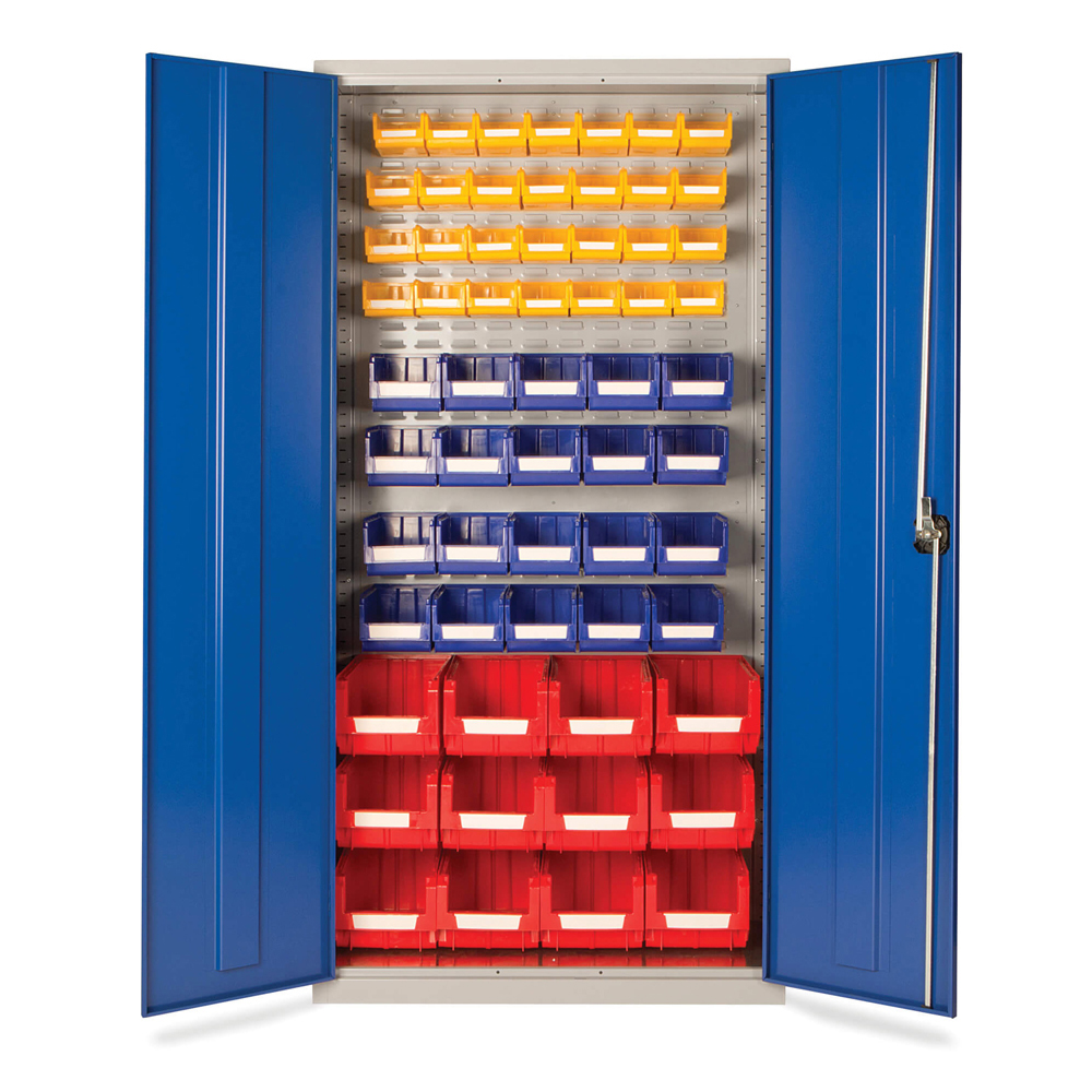 Small Parts Storage Cupboard - supplied with 60 bins (Grey Cabinet and Blue Doors)