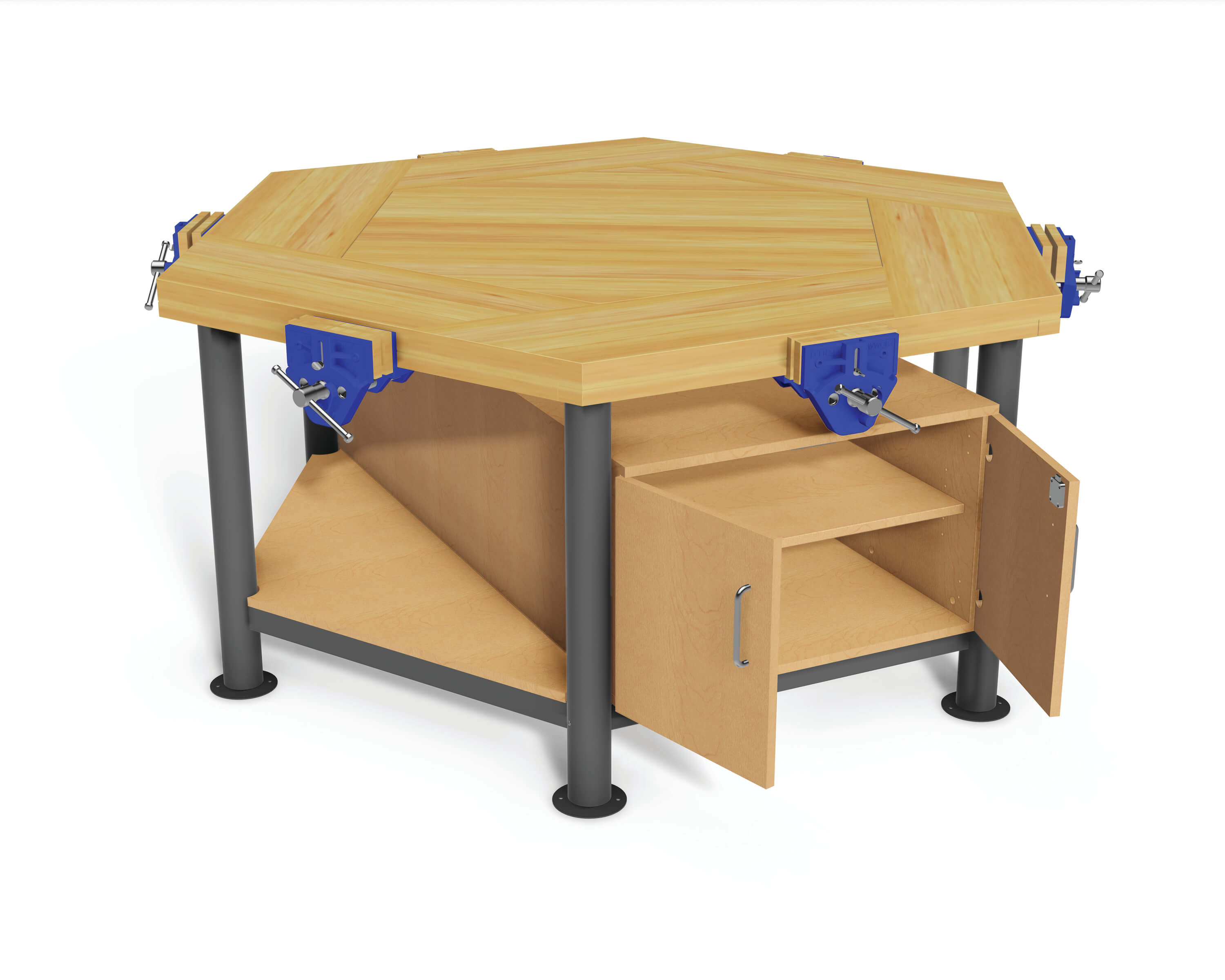 Edubench Hexagonal Six Station Bench - Beech 1600 x 1600 x 825mm with QR vices and under cupboards