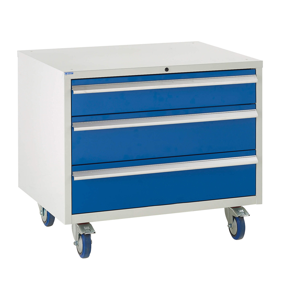 Edubench Roll'n'Park System - 3 Drawers H780mm x W900 x D650 (Grey Cabinet and Blue Doors)