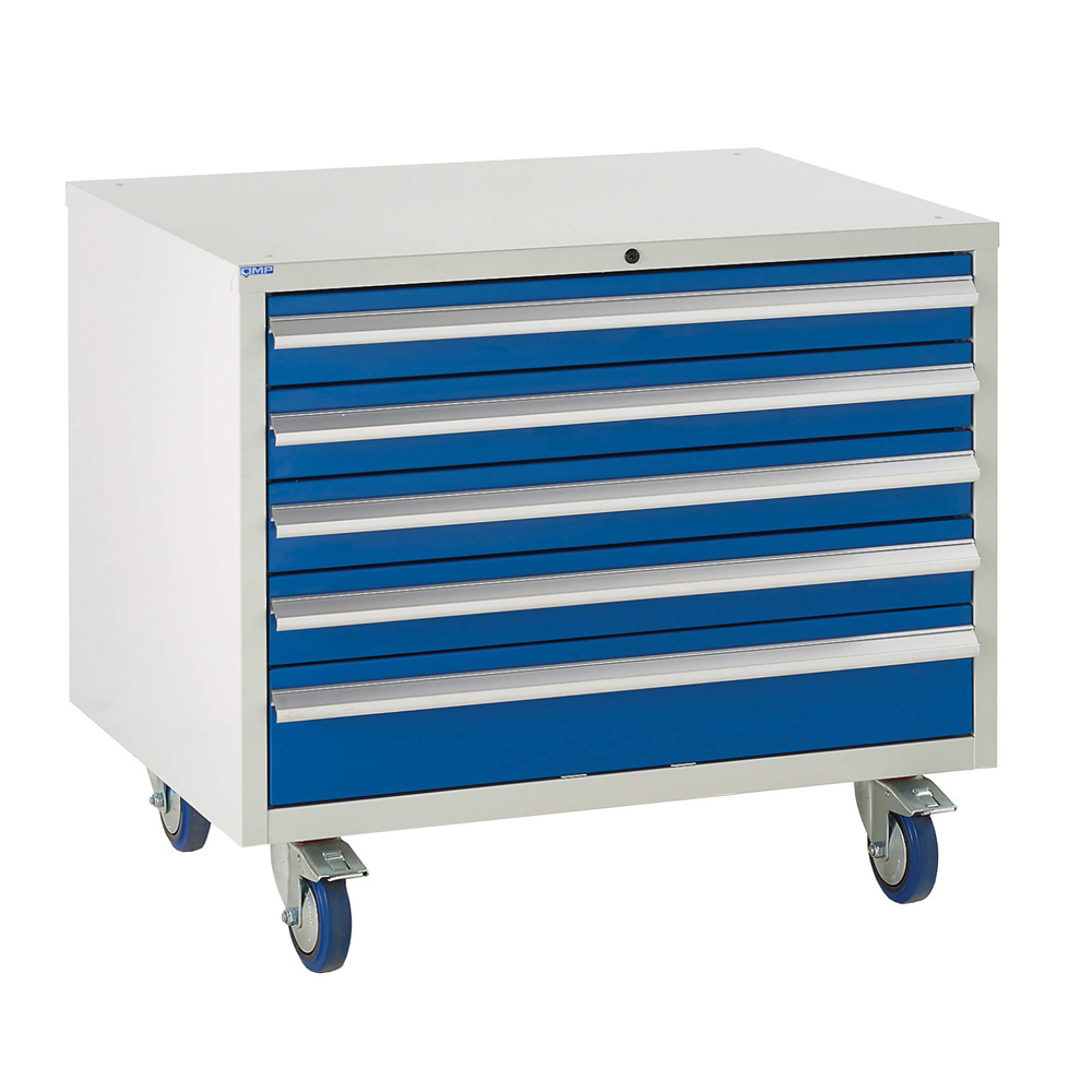 Edubench Roll'n'Park System - 5 Drawers H780mm x W900 x D650 (Grey Cabinet and Blue Doors)