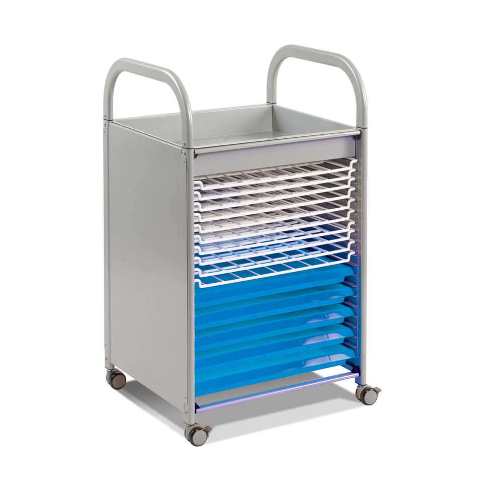 Gratnells Callero Art Trolley, silver frame and blue trays - H947mm x W570 x D500