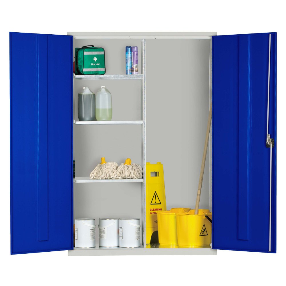 Janitorial Cupboard 1830 x 915 x 457mm (Grey Cabinet and Blue Doors)