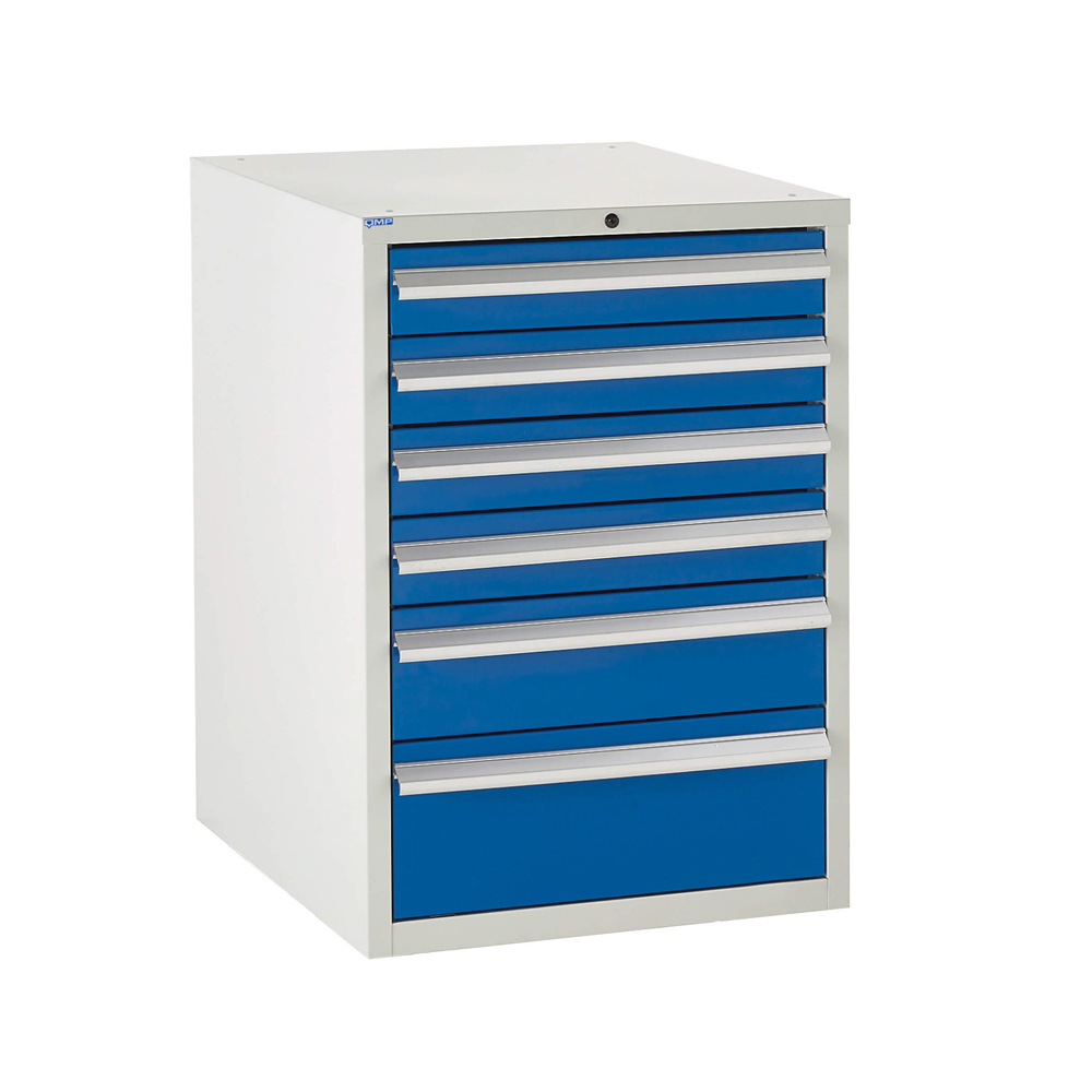 Edubench Underbench System - 600mm, 6 drawers (Grey Cabinet and Blue Doors)