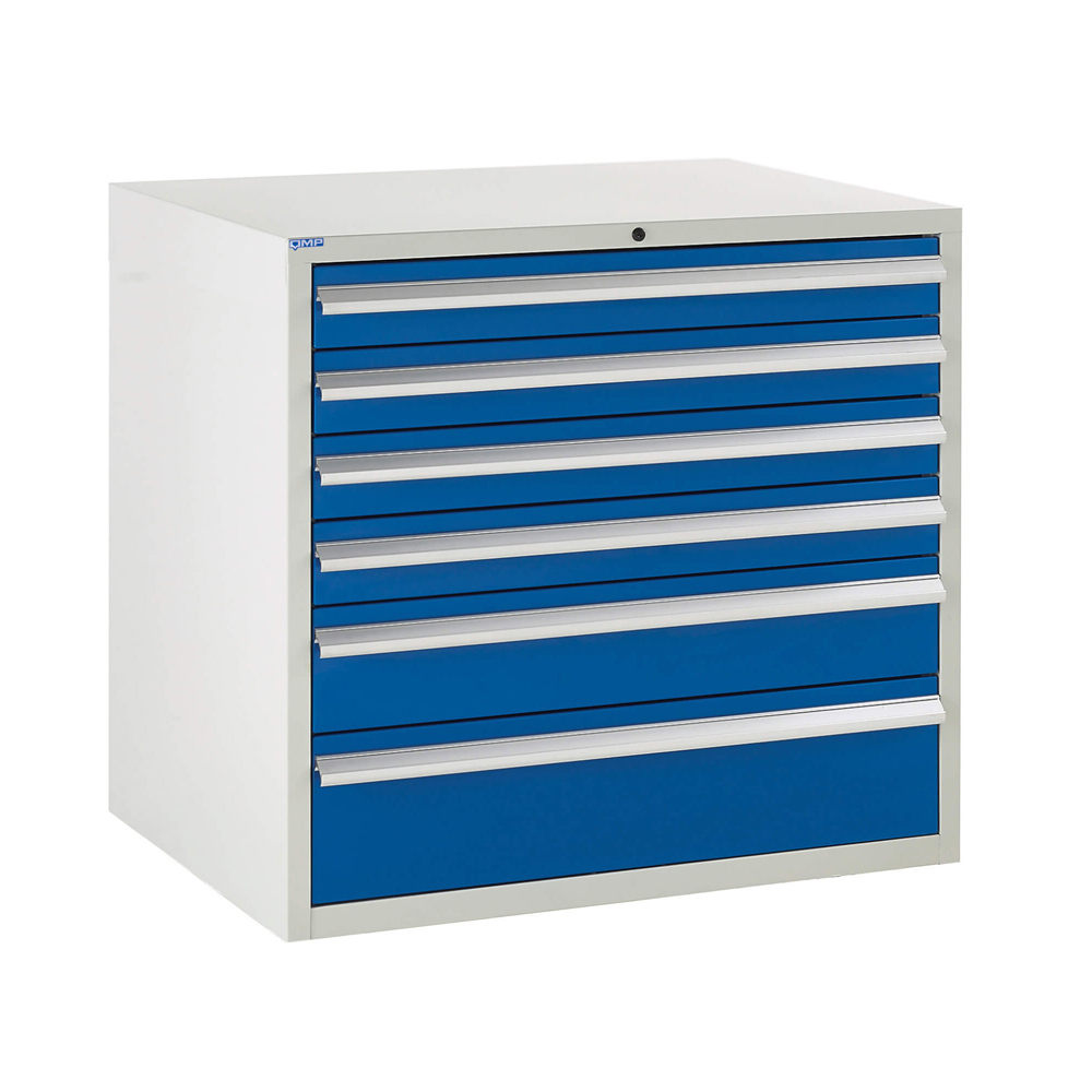 Edubench Underbench System - 900mm, 6 drawers (Grey Cabinet and Blue Doors)