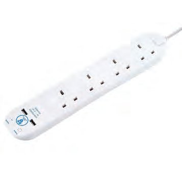 Extension Lead Surge Protected 2m 4 Gang 13A, Plus 2x USB