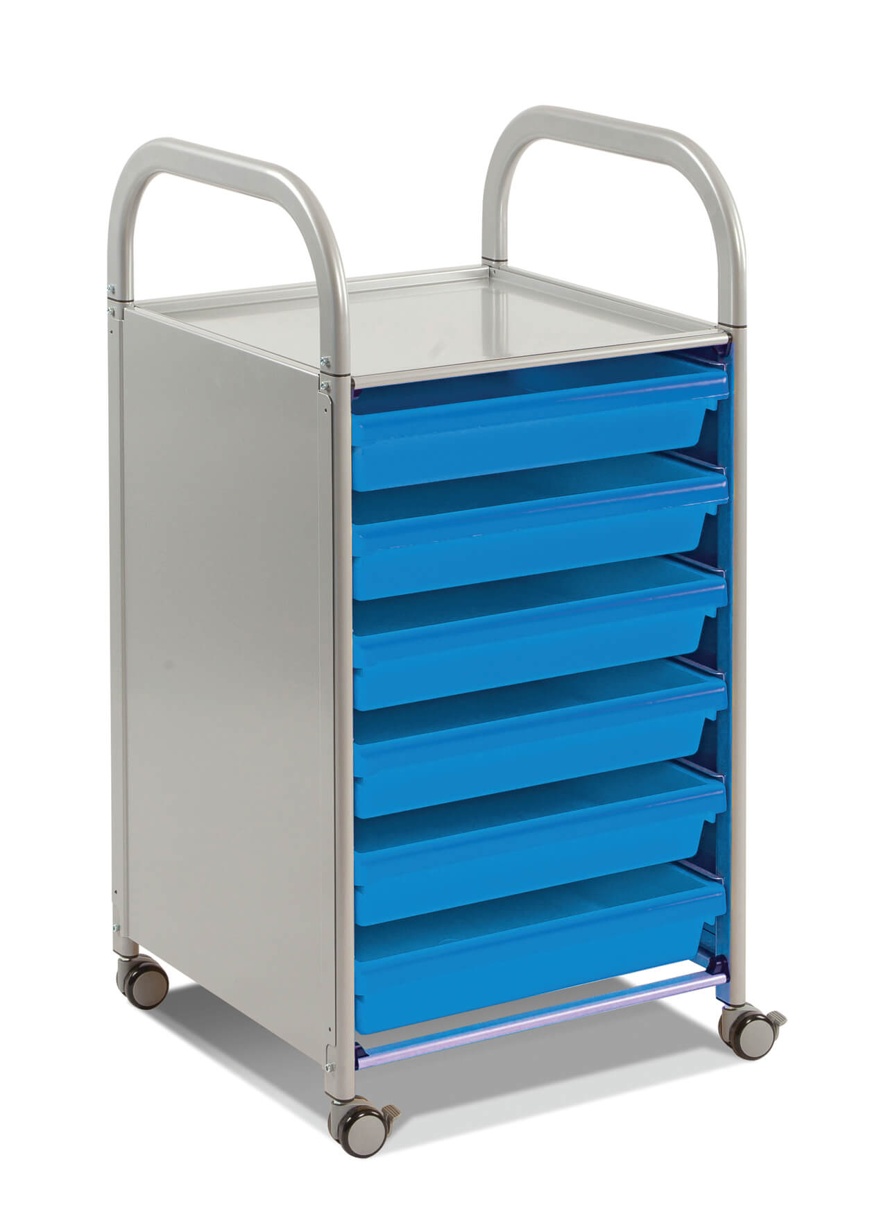 Gratnells Callero A3 Paper Trolley, silver frame and blue trays - H947 x W500 x D500