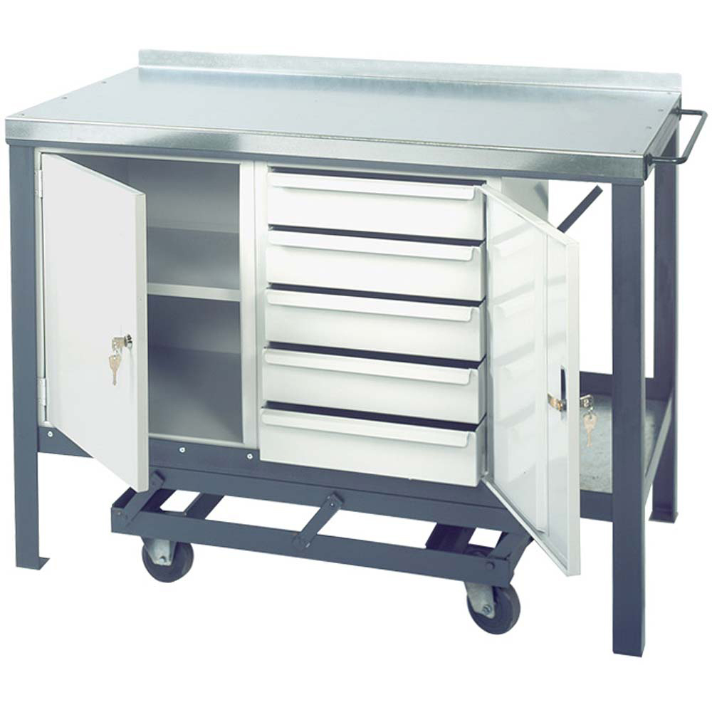 Edubench Mobile Heavy Duty Bench - with 5-drawer unit and matching cupboard 1200 x 750mm